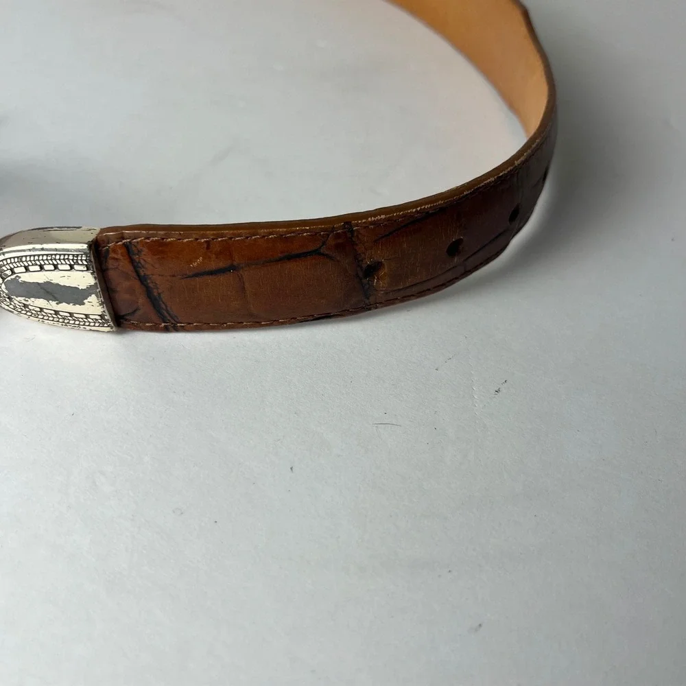 Onyx by Brighton Mens Brown Croc Embossed Leather Belt Silver Hardware Size 38